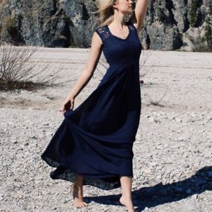 Navy Lace Deep V-neck Gown